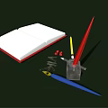 Open Notebook With Red Cover And Colorful Pens Near Glass Ink Bottle And Paper Clips