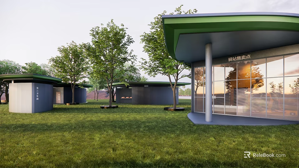 Modern Visitor Center With Green Roof And Glass Facade Surrounded By Lawn And Trees 3d model 