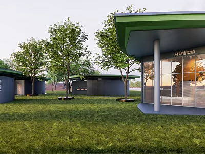 Modern Visitor Center With Green Roof And Glass Facade Surrounded By Lawn And Trees 3d model