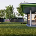 Modern Visitor Center With Green Roof And Glass Facade Surrounded By Lawn And Trees