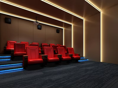 Modern Cinema Interior Design With Red Seats Blue Step Lights And Ambient Strip Lights 3d model