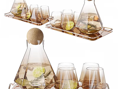 Transparent Glass Cup Set With Pitcher On Tray For Lemon Rosemary Drink Serving 3d model