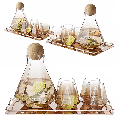 Transparent Glass Cup Set With Pitcher On Tray For Lemon Rosemary Drink Serving 3d model