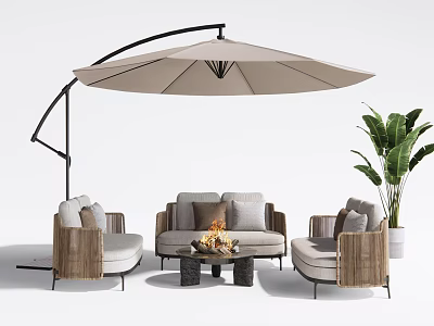 Modern Outdoor Sofa Set With Woven Design Fire Pit Table And Patio Umbrella 3d model