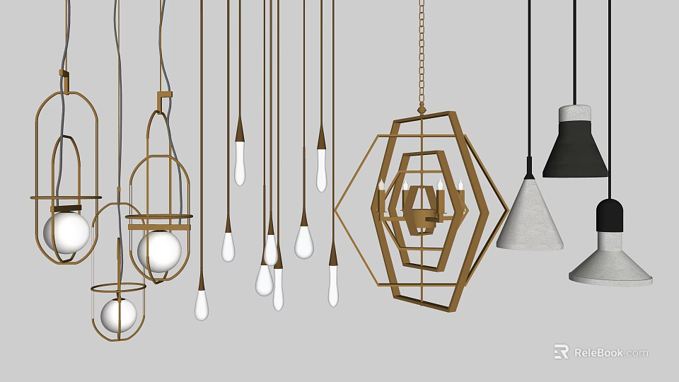 Different Modern Pendant Lights Featuring Metal Frames And Unique Shapes For Home Interior Decor 3d model