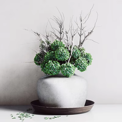 Gray Ceramic Vase with Green Flowers and Dry Branches on Dark Tray 3d model