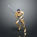 Man in Gold and Silver Armor Wielding Long Sword in Battle Stance with Reflective Surface