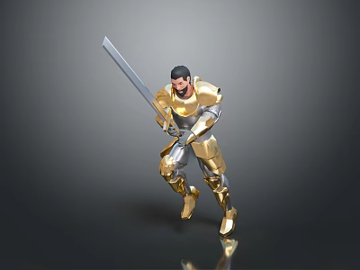 Man in Gold and Silver Armor Wielding Long Sword in Battle Stance with Reflective Surface 3d model