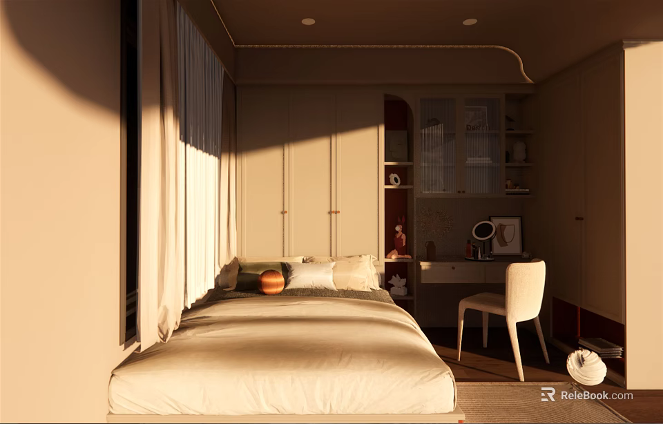 Sunlit Tatami Bedroom Interior With Cozy Bed Wooden Desk And Storage Cabinets 3d model 