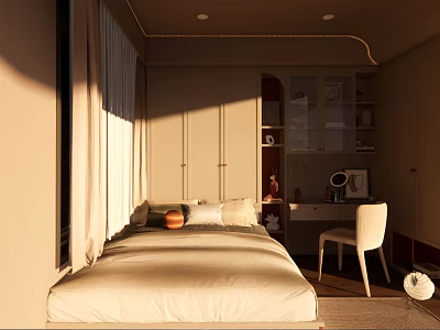 Sunlit Tatami Bedroom Interior With Cozy Bed Wooden Desk And Storage Cabinets 3d model
