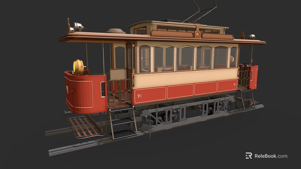 Vintage Electric Tram with Red and Beige Classic Design on Tracks and Wooden Interior 3d model 