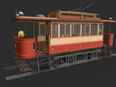 Vintage Electric Tram with Red and Beige Classic Design on Tracks and Wooden Interior 3d model