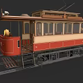 Vintage Electric Tram with Red and Beige Classic Design on Tracks and Wooden Interior