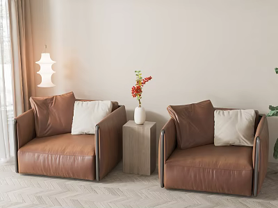 Casual Sofa Set with Brown Leather White Cushions Wooden Side Table and Red Flower Vase 3d model