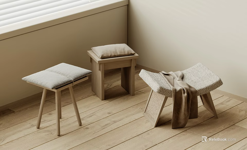 Modern Minimalist Wooden Stools With Cushioned Seats And Draped Blanket In Light Room 3d model 