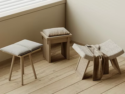 Modern Minimalist Wooden Stools With Cushioned Seats And Draped Blanket In Light Room 3d model