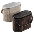 Two Stylish Portable Speakers Featuring Handheld Design Woven Fabric And Wooden Stripe Materials