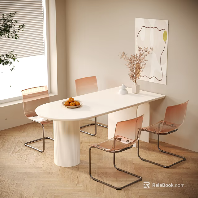 Modern Dining Table Set With White Table Transparent Chairs Metal Legs Fruit Bowl And Vase 3d model 
