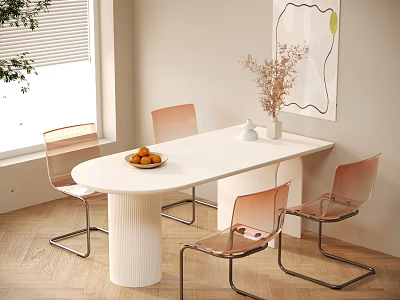 Modern Dining Table Set With White Table Transparent Chairs Metal Legs Fruit Bowl And Vase 3d model