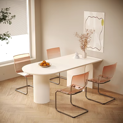 Modern Dining Table Set With White Table Transparent Chairs Metal Legs Fruit Bowl And Vase 3d model