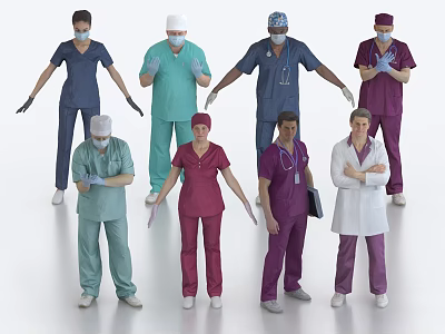 Multiple Healthcare Workers in Colored Scrubs Uniforms Wearing Masks and Caps 3d model