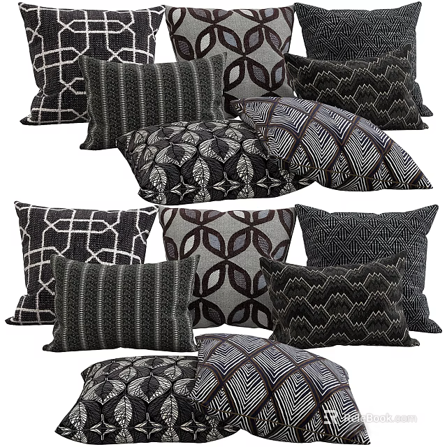 Modern Decorative Pillows With Geometric Striped And Leaf Patterns In Black White Tones 3d model 