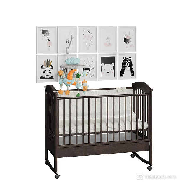 Stylish Dark Wooden Kids Bed With Headboard Wall Decorations And Soft Mattress 3d model 