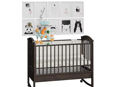 Stylish Dark Wooden Kids Bed With Headboard Wall Decorations And Soft Mattress 3d model