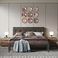 Modern Double Bed with Upholstered Headboard Pillows Blanket Nightstands Table Lamps and Rug