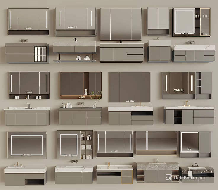 Modern Bathroom Cabinets With Various Designs Mirrors And Storage Drawers 3d model 