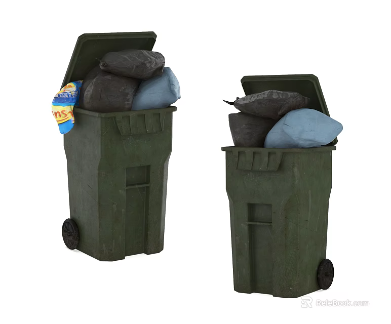 Public Facility Green Trash Bins With Open Lids And Garbage Bags Outdoor 3d model 