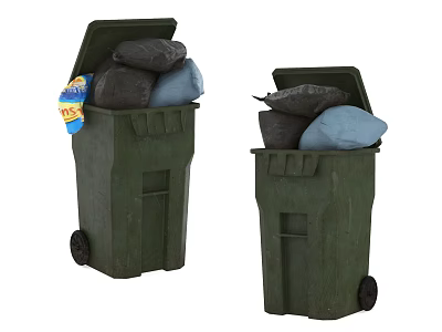 Public Facility Green Trash Bins With Open Lids And Garbage Bags Outdoor 3d model
