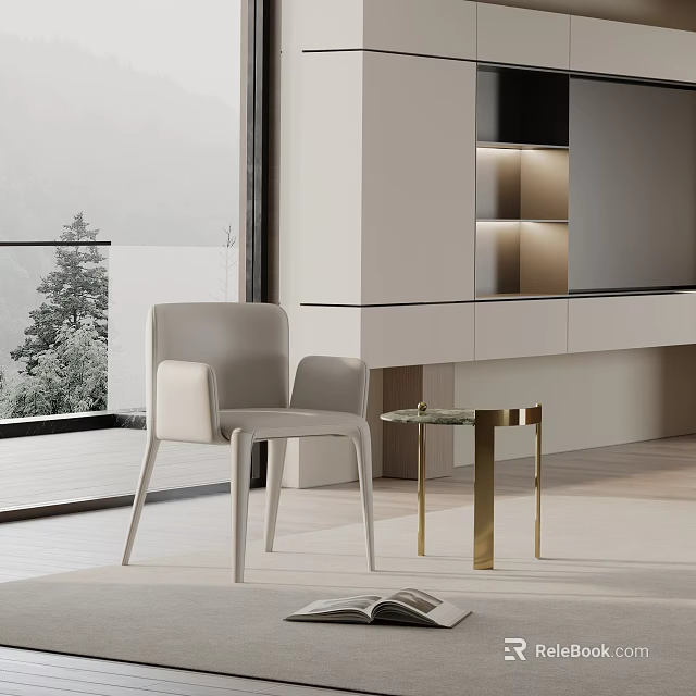 Modern Light Grey Leisure Chair With Metal Leg Side Table And Large Window Natural View 3d model 