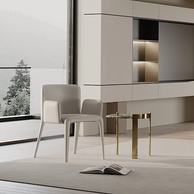 Modern Light Grey Leisure Chair With Metal Leg Side Table And Large Window Natural View 3d model