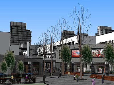 Vibrant Urban Commercial Street With Modern Buildings Lush Trees Pedestrians Shopping Shops Colorful Billboards 3d model