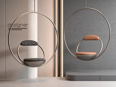 Modern Hanging Chair with Round Metal Frame and Gray Brown Cushions in Interior Space 3d model