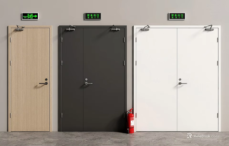 Modern Fire Doors In Different Colors With Green Exit Signs And Red Extinguisher 3d model 