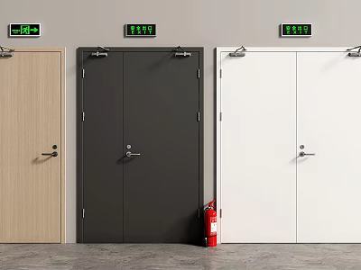 Modern Fire Doors In Different Colors With Green Exit Signs And Red Extinguisher 3d model