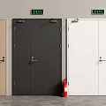 Modern Fire Doors In Different Colors With Green Exit Signs And Red Extinguisher