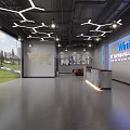 Modern Technology Company Lobby With Geometric Lighting Large Windows Wooden Bookshelves And Gray Reception Desk