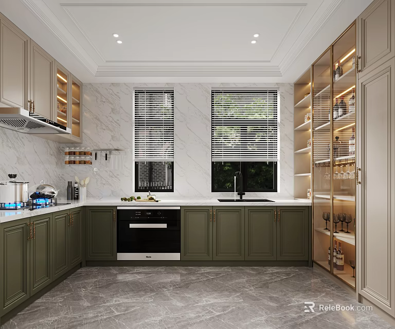 Elegant Two Tone Kitchen Design With Built In Appliances Marble Wall And Glass Wine Cabinet 3d model 