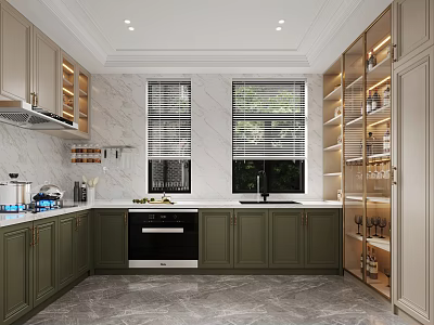 Elegant Two Tone Kitchen Design With Built In Appliances Marble Wall And Glass Wine Cabinet 3d model