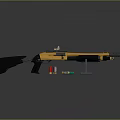 Yellow And Black Shotgun With Ammunition And Display Stand On Black Surface