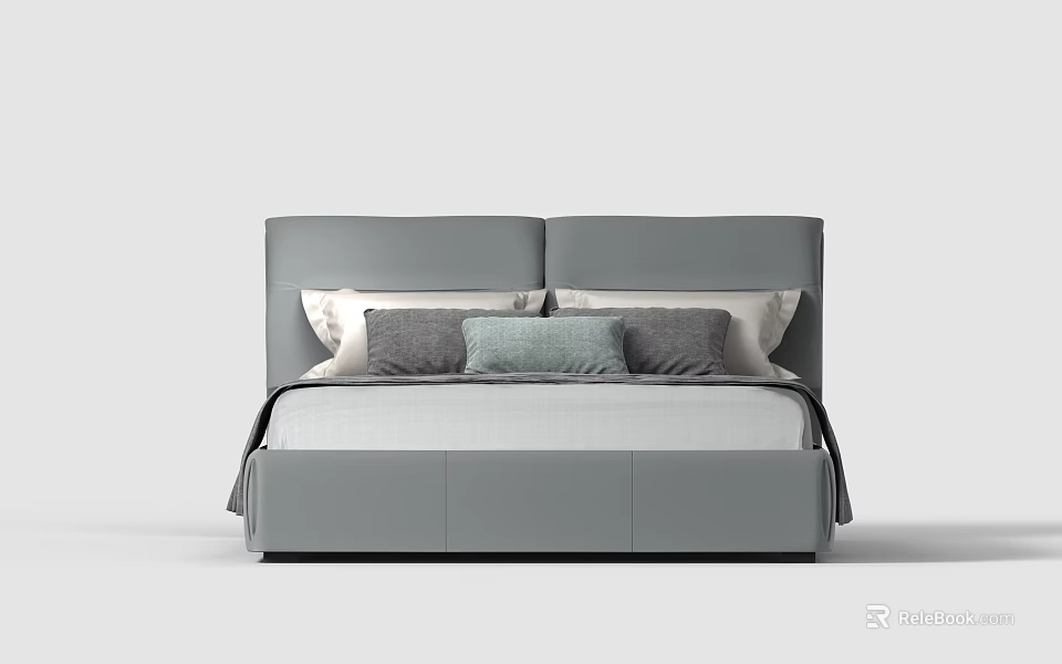 Modern Gray Double Bed With Upholstered Headboard Soft Pillows And Mattress 3d model