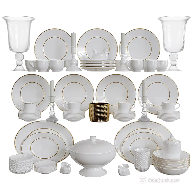 Elegant White Gold Rimmed Dinnerware Set Including Plates Cups Bowls And Candle Holders 3d model 