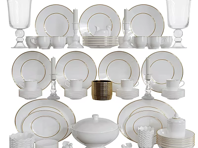 Elegant White Gold Rimmed Dinnerware Set Including Plates Cups Bowls And Candle Holders 3d model