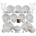 Elegant White Gold Rimmed Dinnerware Set Including Plates Cups Bowls And Candle Holders