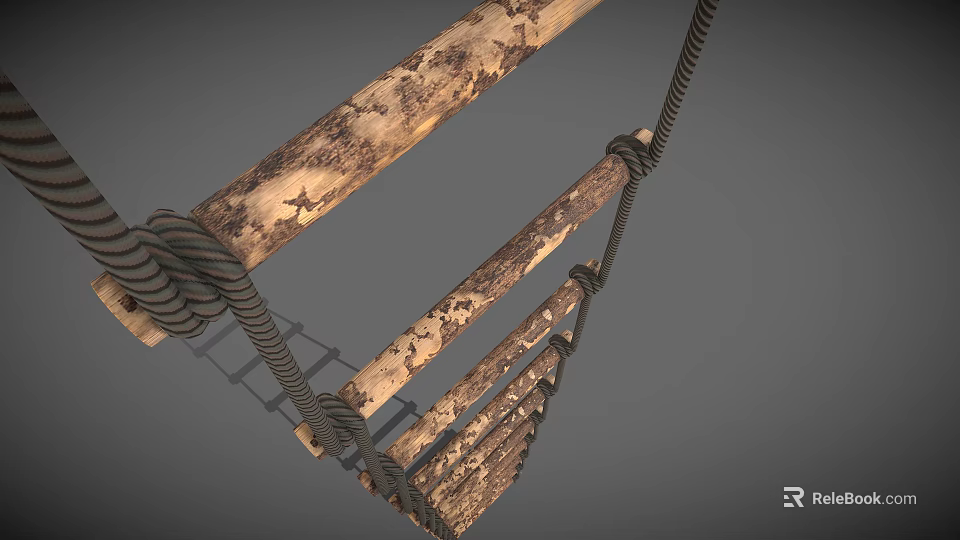 Industrial Wooden Ladder Equipment With Rope Wrapping And Worn Texture Surface 3d model 
