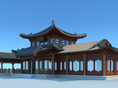 Ancient Chinese Architecture Featuring Curved Eaves Tiled Roof Red Pillars and Traditional Design 3d model