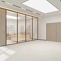Modern Office Corridor Featuring Blue Wall Reception Desk Hanging Pendant Lights And Glass Door